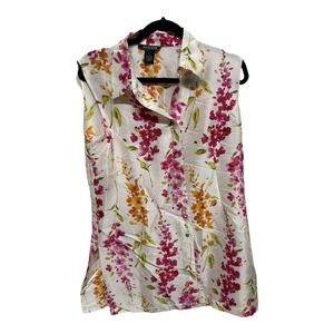 Sonia White Floral 100% Silk Sleeveless Blouse Size Large Button Up